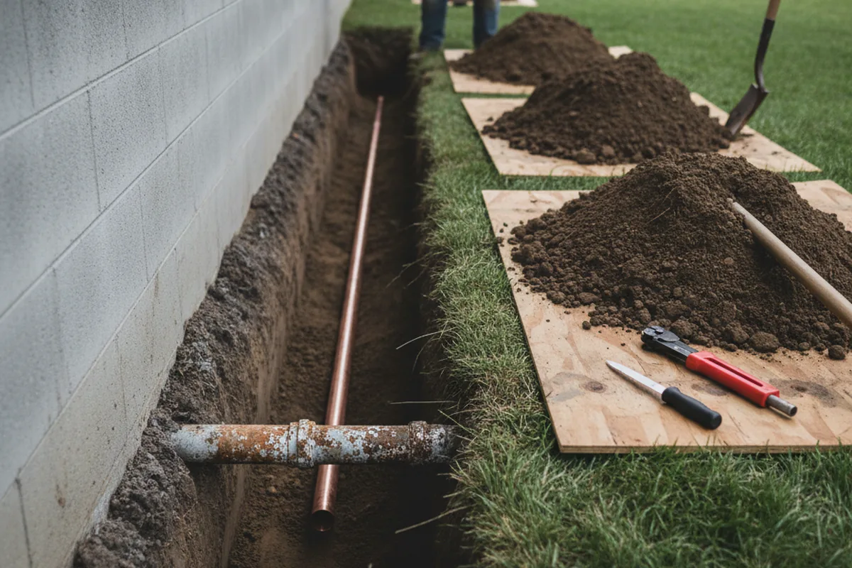 Excavated water line trench during Sewer Line Repair in Holmes Mill